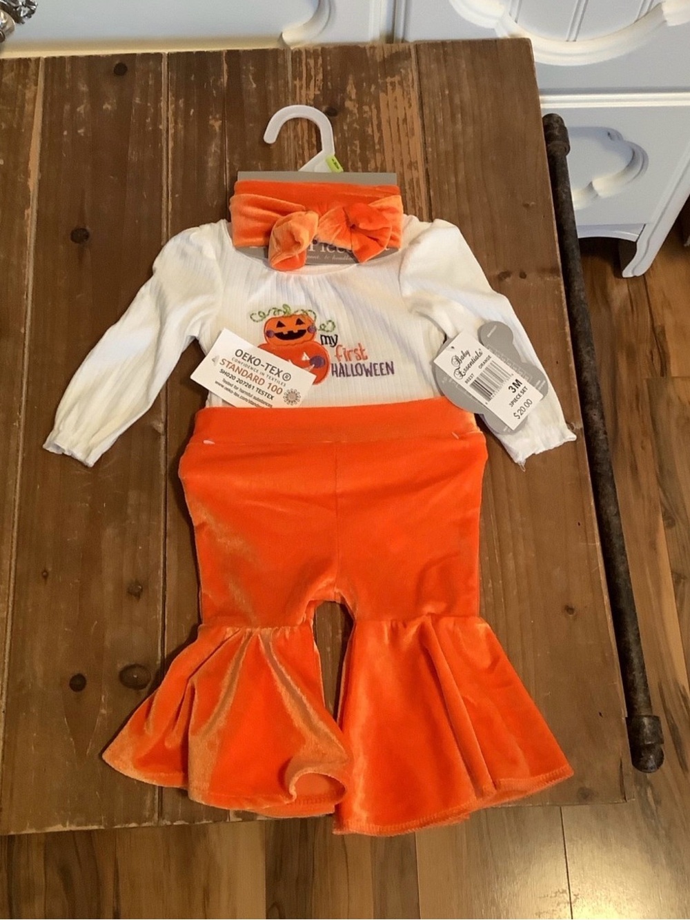 Baby Essentials Orange Velvet Halloween Outfit with White Top & Bow